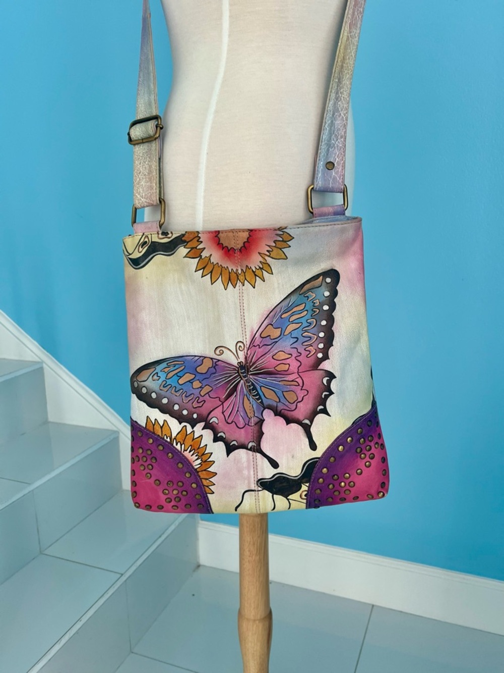 Leather Butterfly Crossbody Bag in Pink and Purple